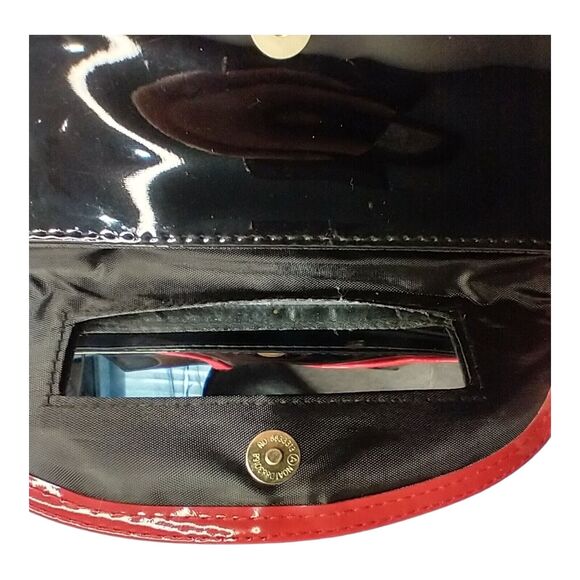 Elizabeth Arden Patent Leather Black Cosmetic Bag Purse w Mirror Red Trim - Picture 3 of 12